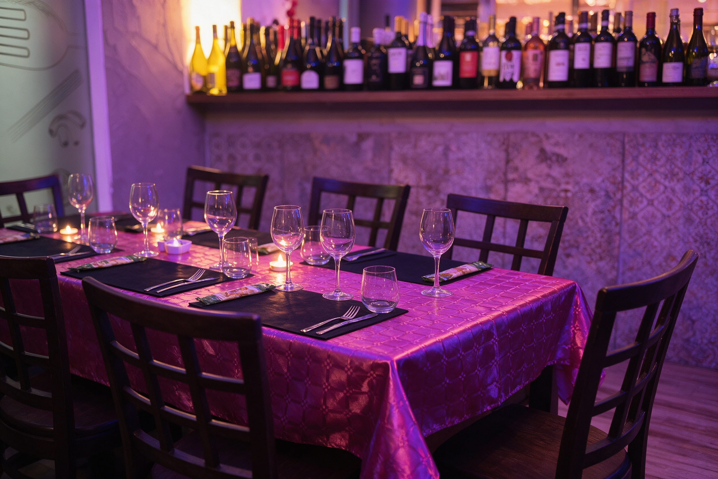 Interior de Ristorante Alby's — mesa larga con luz cálida violeta
