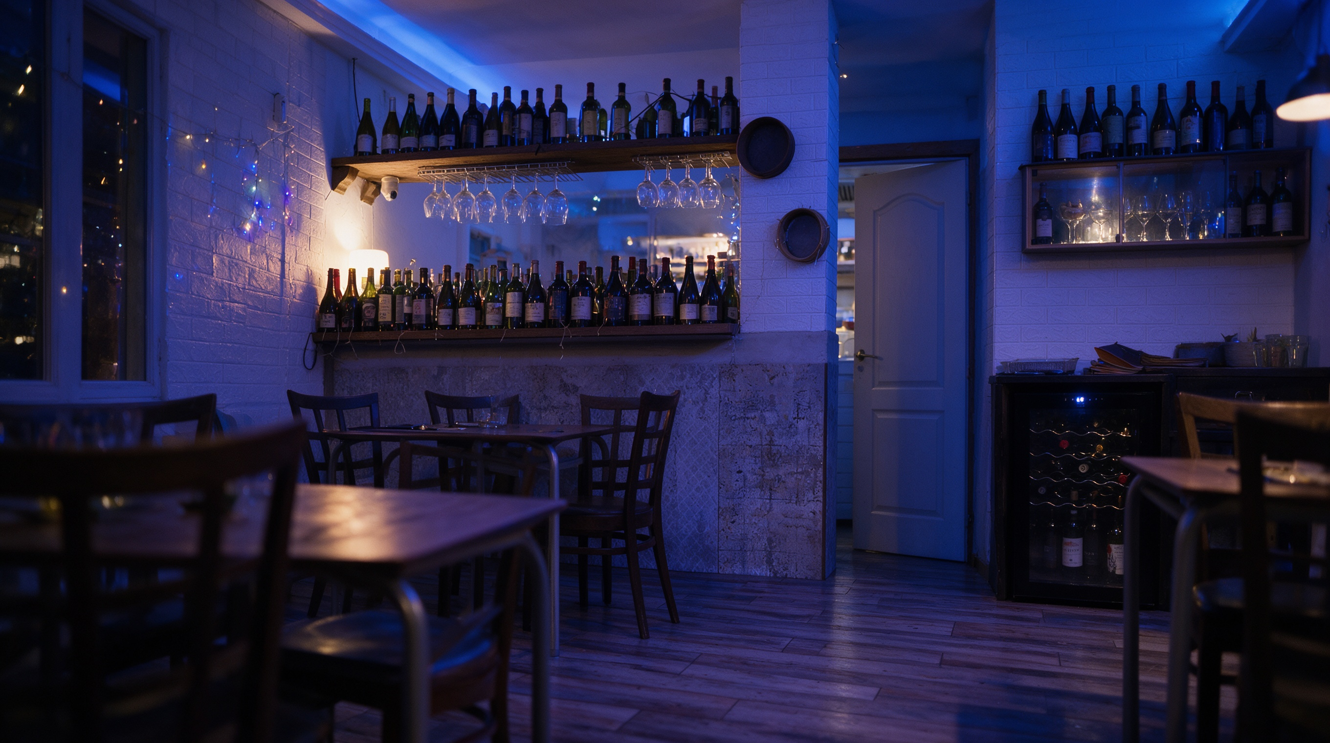 Estanterías de vino con luz azul y violeta en Ristorante Alby's